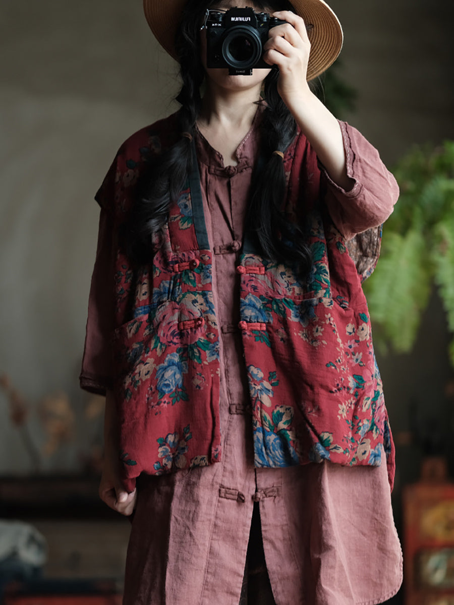 Plus Size Women Ethnic Autumn Flower V-Neck Cotton Vest