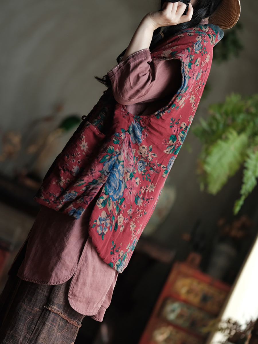 Plus Size Women Ethnic Autumn Flower V-Neck Cotton Vest