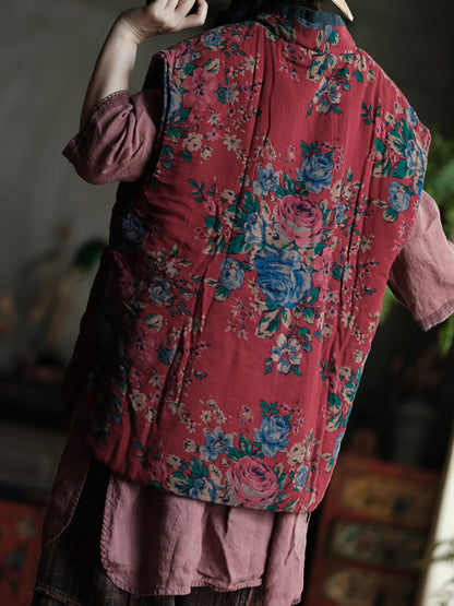 Plus Size Women Ethnic Autumn Flower V-Neck Cotton Vest