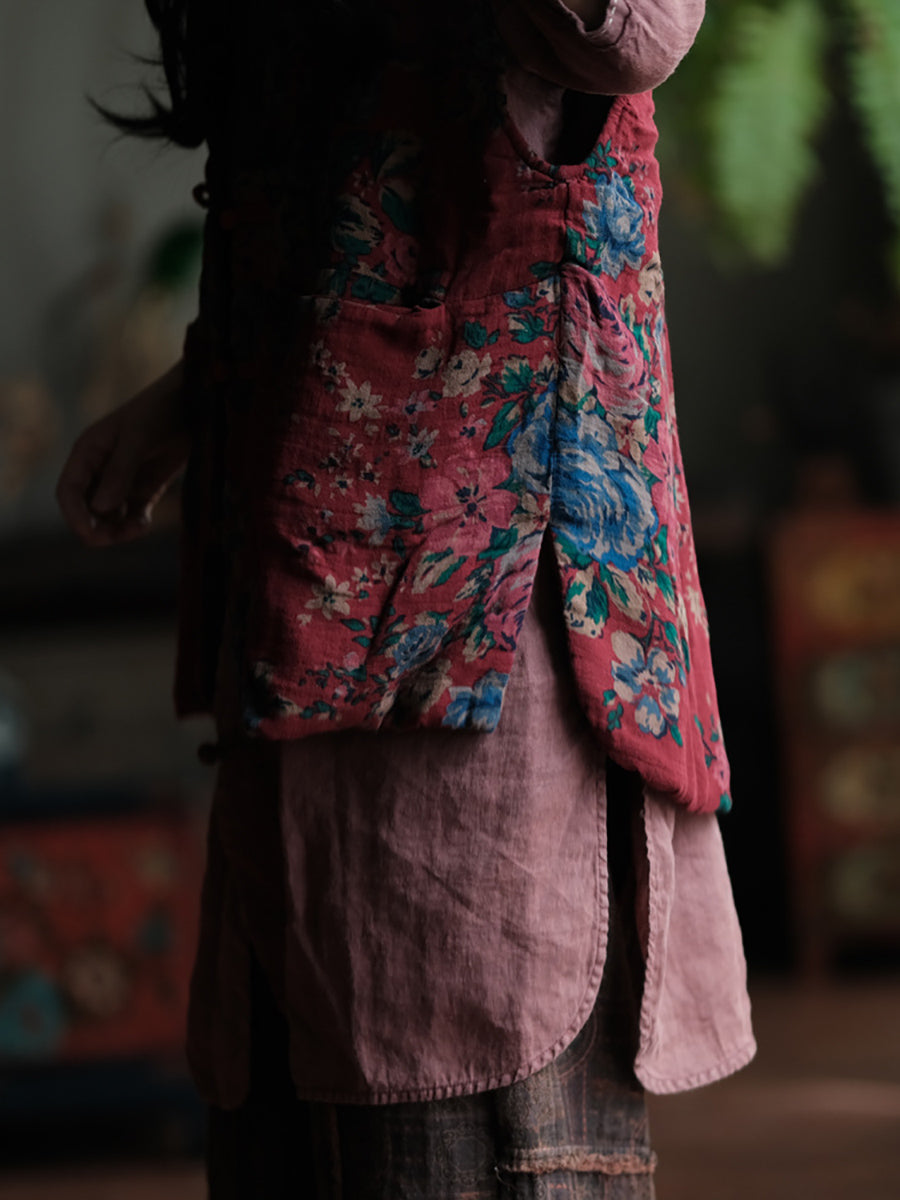 Plus Size Women Ethnic Autumn Flower V-Neck Cotton Vest