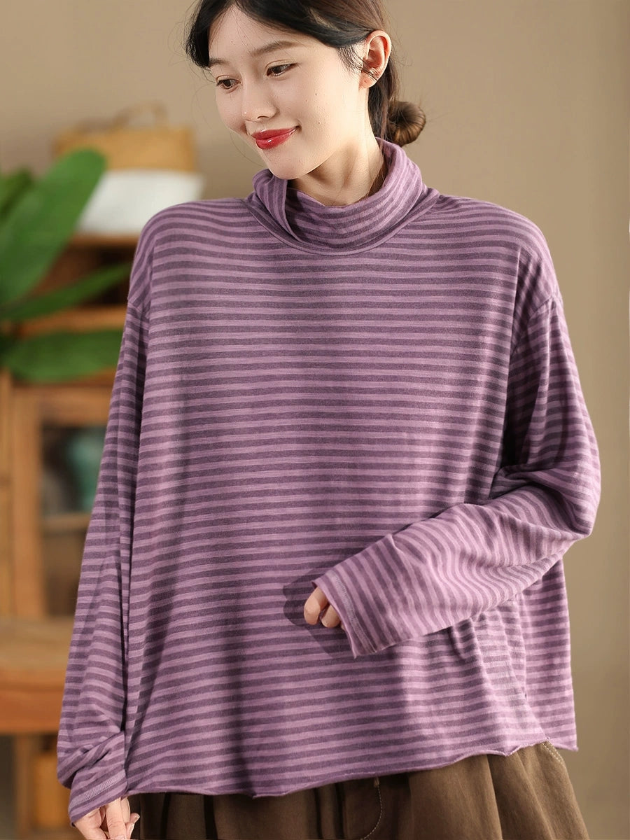 Plus Size Women Autumn Casual Stripe Turtleneck Cotton Blouse