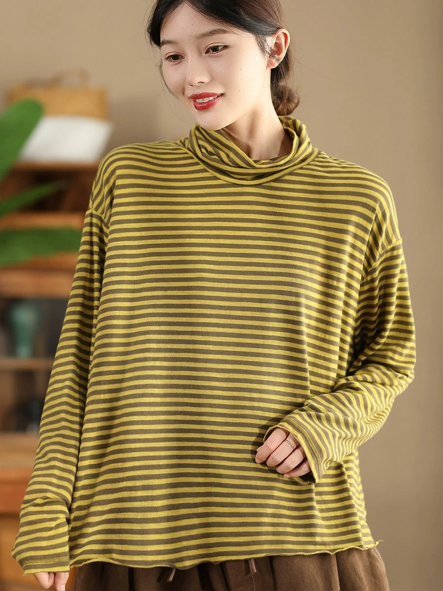 Plus Size Women Autumn Casual Stripe Turtleneck Cotton Blouse