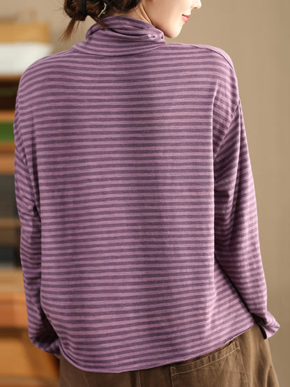 Plus Size Women Autumn Casual Stripe Turtleneck Cotton Blouse
