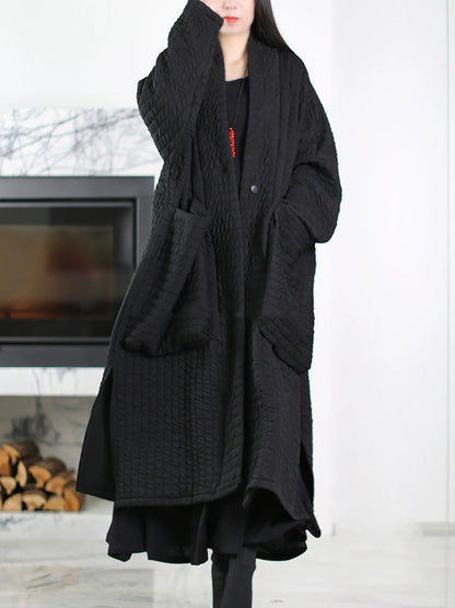 Women Autumn Pure Color V-Neck Padded Long Coat