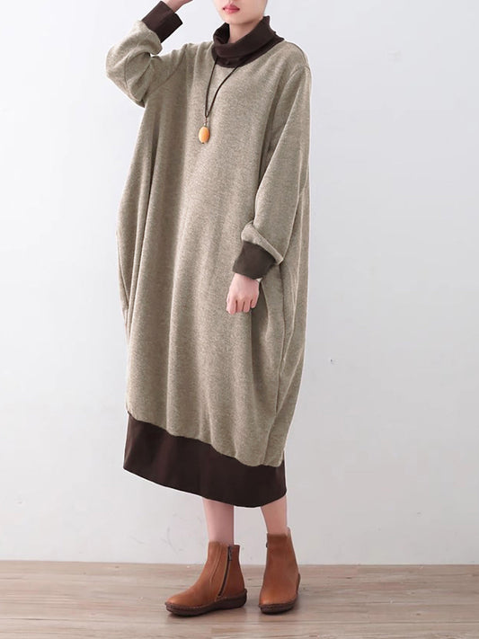 Plus Size Women Vintage Autumn Colorblock Turtleneck Dress