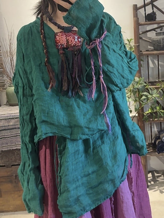 Plus Size Women Vintage Autumn Pure Color Slant Closure Linen Shirt