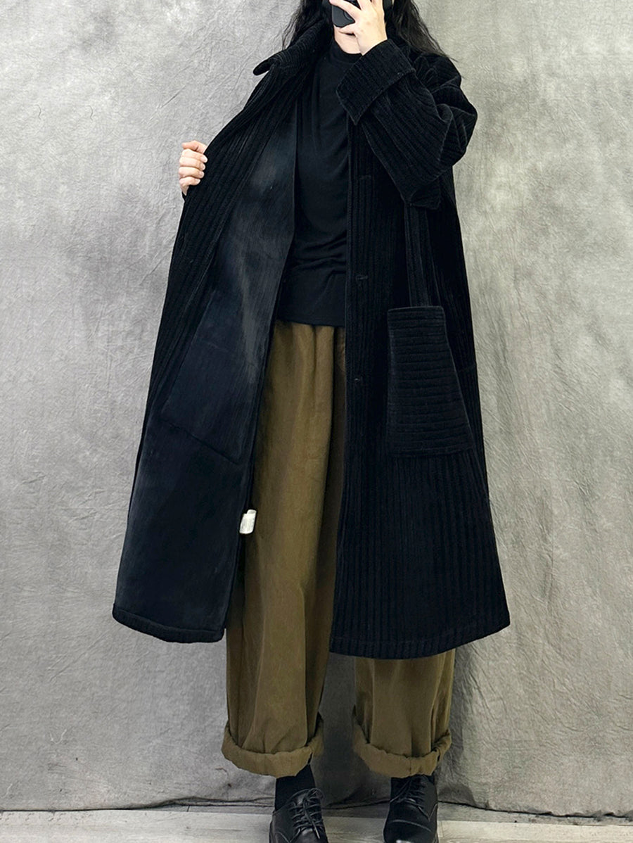 Women Autumn Vintage Turn-down Collar Solid Fleece Coat