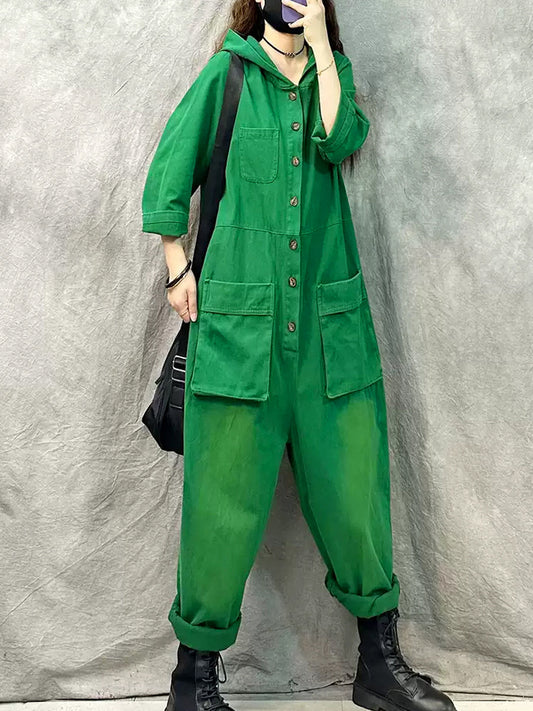 Plus Size Women Vintage Solid Denim Long Sleeve Hooded Jumpsuits
