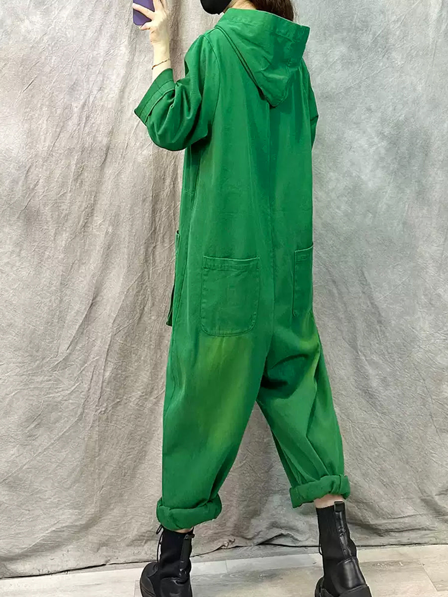 Plus Size Women Vintage Solid Denim Long Sleeve Hooded Jumpsuits