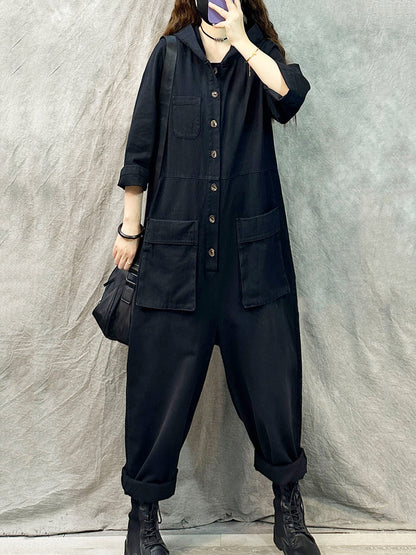 Plus Size Women Vintage Solid Denim Long Sleeve Hooded Jumpsuits