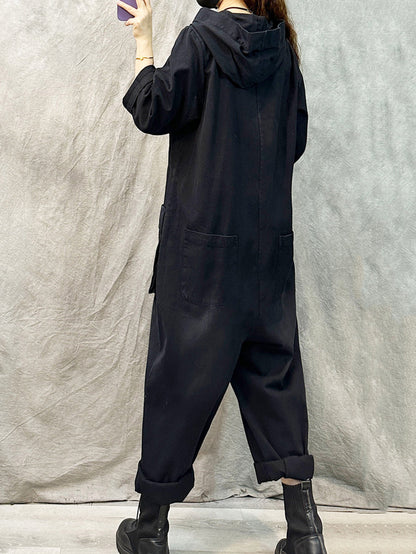 Plus Size Women Vintage Solid Denim Long Sleeve Hooded Jumpsuits