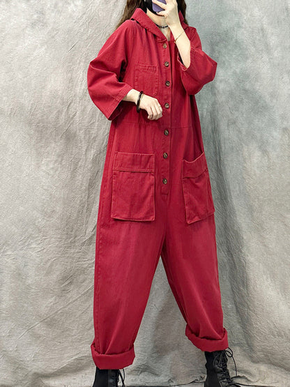 Plus Size Women Vintage Solid Denim Long Sleeve Hooded Jumpsuits