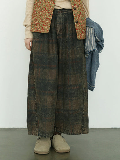 Plus Size Women Winter Retro Flower Denim Spliced Wide-leg Pants