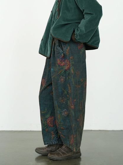 Plus Size Women Winter Retro Flower Denim Spliced Wide-leg Pants