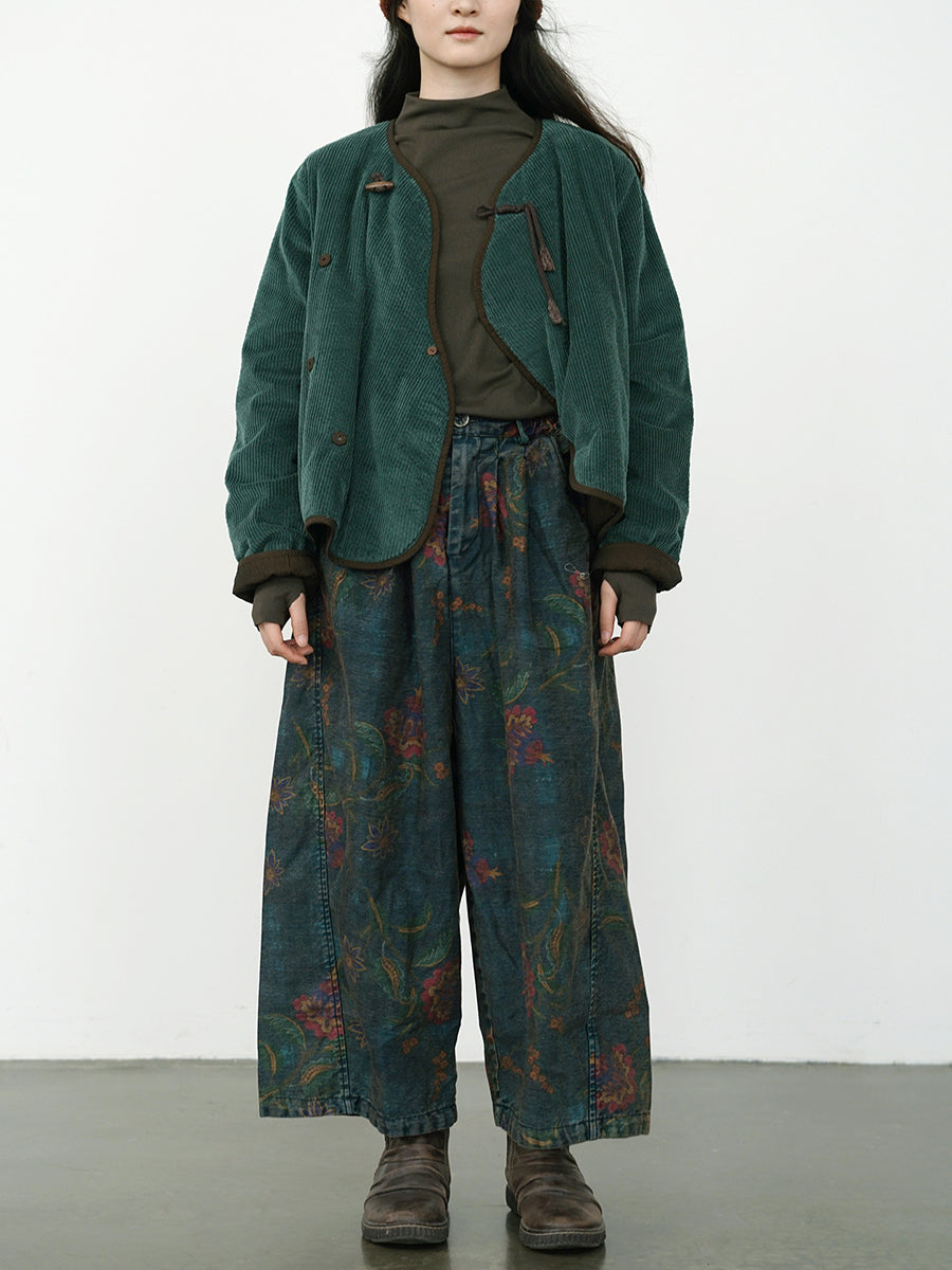 Plus Size Women Winter Retro Flower Denim Spliced Wide-leg Pants