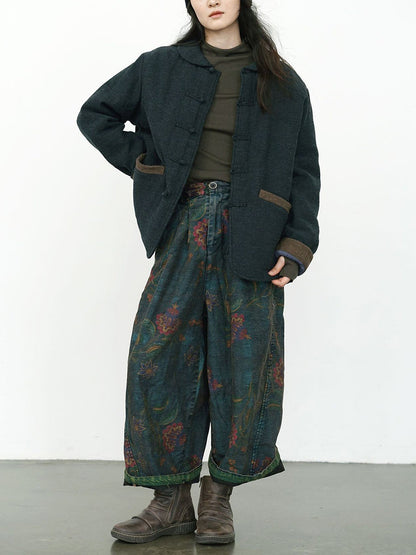 Plus Size Women Winter Retro Flower Denim Spliced Wide-leg Pants