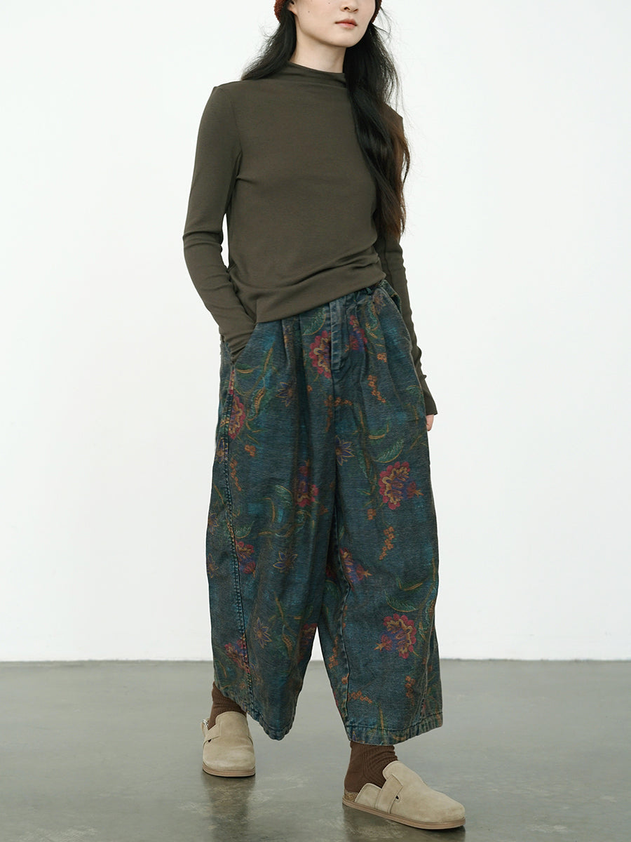 Plus Size Women Winter Retro Flower Denim Spliced Wide-leg Pants