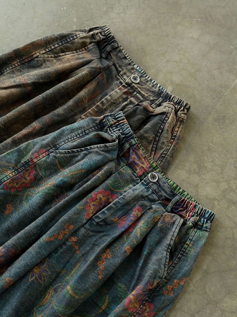 Plus Size Women Winter Retro Flower Denim Spliced Wide-leg Pants