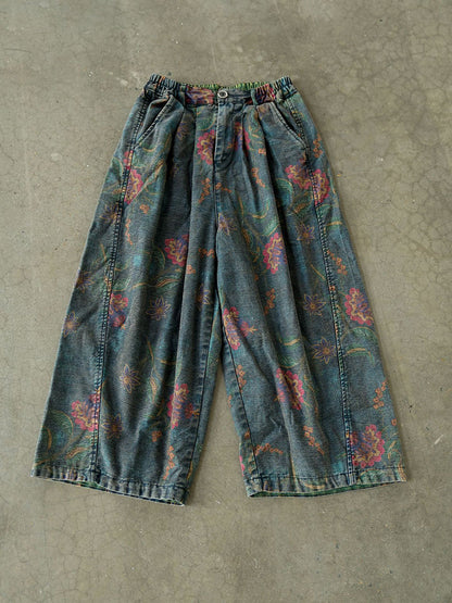 Plus Size Women Winter Retro Flower Denim Spliced Wide-leg Pants