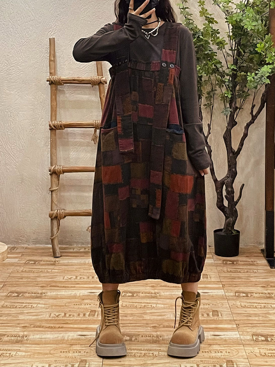 Plus Size Women Autumn Retro Patch Spliced Overall Dress