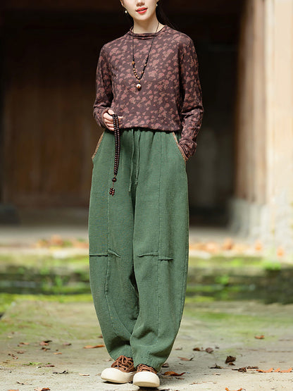 Plus Size Women Winter Retro Solid Spliced Padded Harem Pants