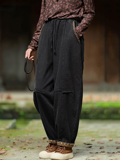 Plus Size Women Winter Retro Solid Spliced Padded Harem Pants