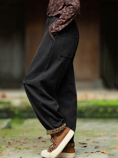 Plus Size Women Winter Retro Solid Spliced Padded Harem Pants