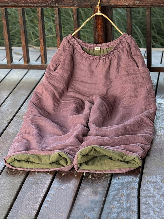 Plus Size Women Vintage Autumn Solid Ramie Padded Wide-leg Pants