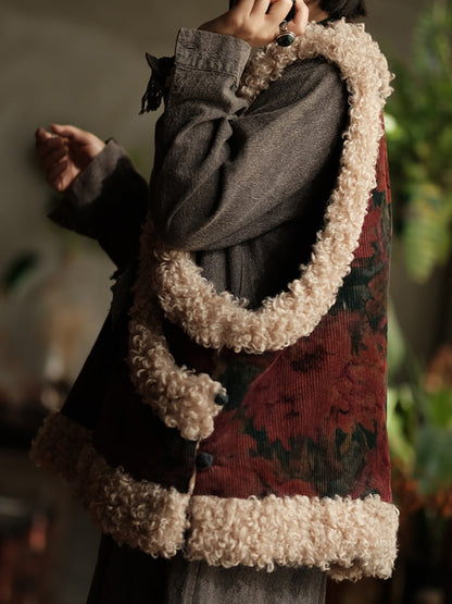 Women Retro Flower Spliced Corduroy Fleece Vest Coat