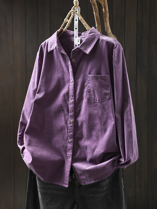 Women Vintage Autumn Corduroy Turn-down Collar Shirt