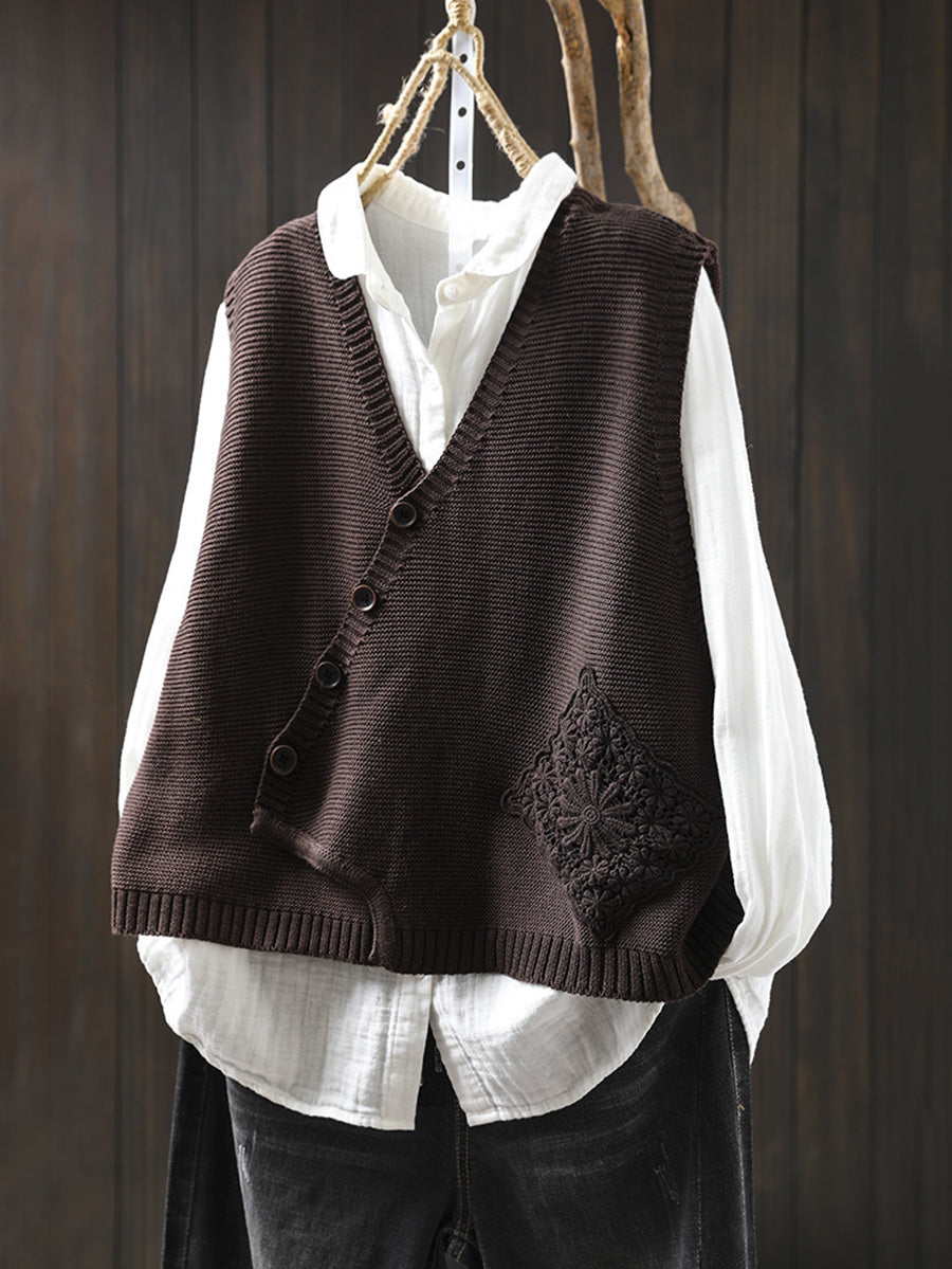 Women Casual Autumn Embroidery V-Neck Knit Vest