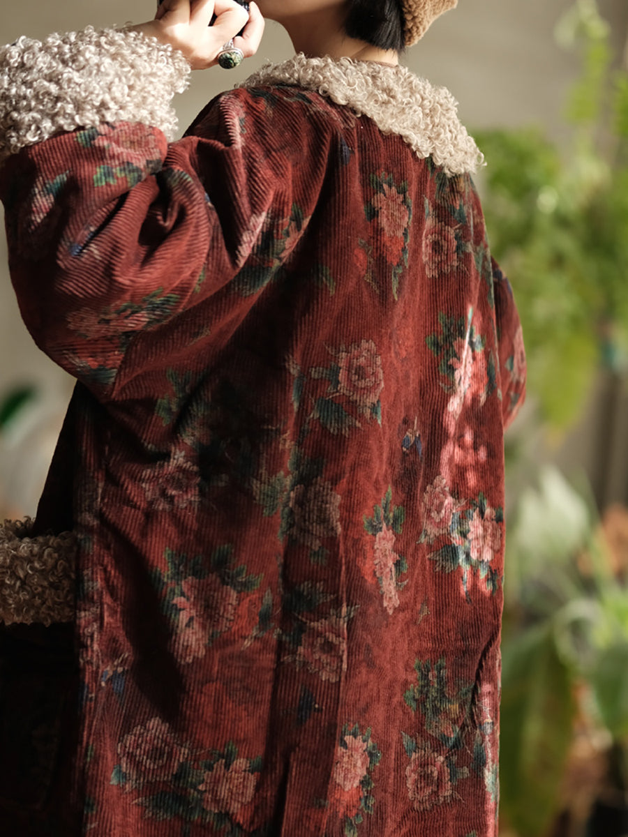 Plus Size Women Winter Retro Flower Croduroy Fleece Spliced O-Neck Coat