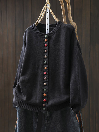 Plus Size Women Autumn Artsy Colorful Button O-Neck Knit Sweater