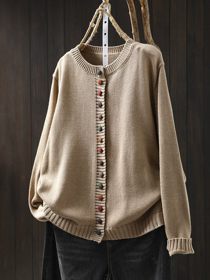 Plus Size Women Autumn Artsy Colorful Button O-Neck Knit Sweater