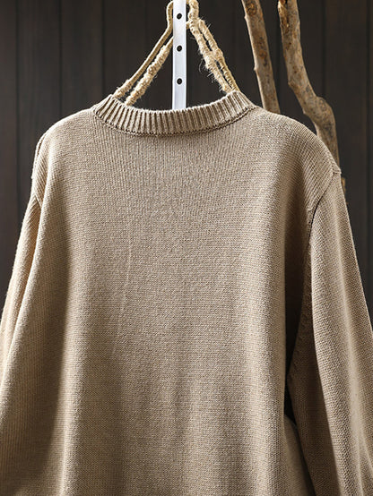 Plus Size Women Autumn Artsy Colorful Button O-Neck Knit Sweater