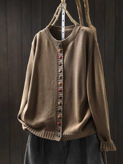 Plus Size Women Autumn Artsy Colorful Button O-Neck Knit Sweater