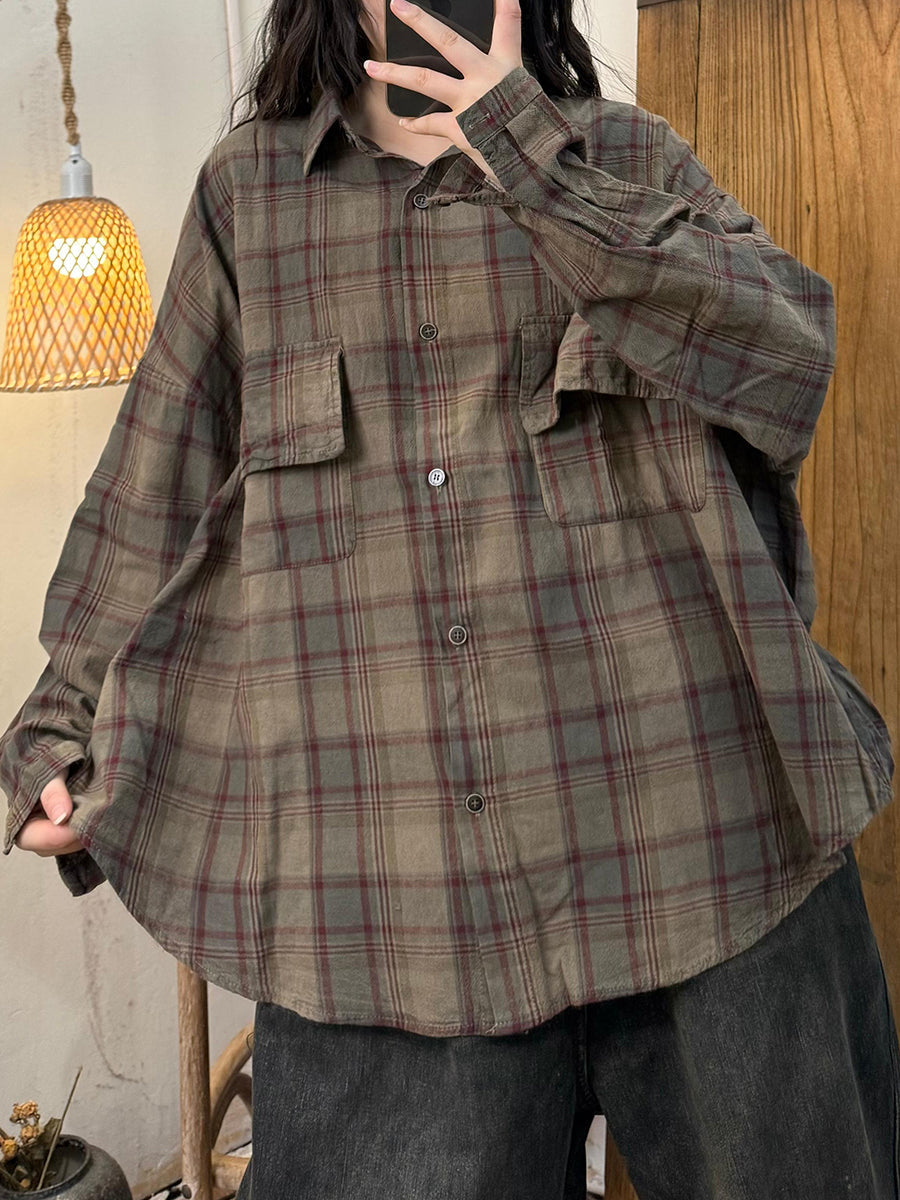 Women Autumn Plaid Cotton Turn-down Collar Shirt