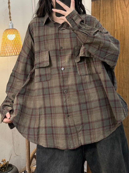 Women Autumn Plaid Cotton Turn-down Collar Shirt