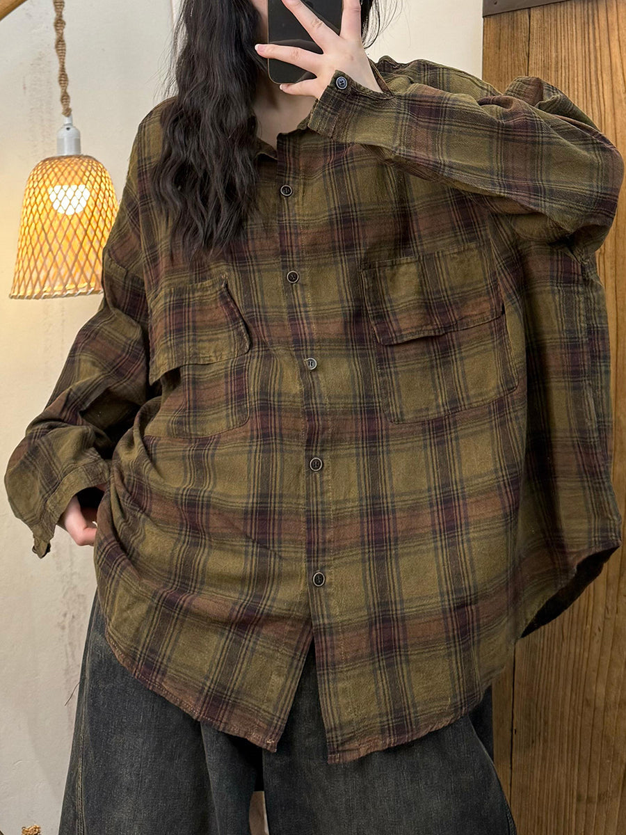 Women Autumn Plaid Cotton Turn-down Collar Shirt