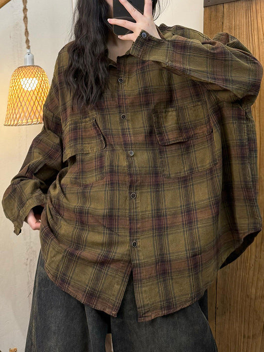 Women Autumn Plaid Cotton Turn-down Collar Shirt