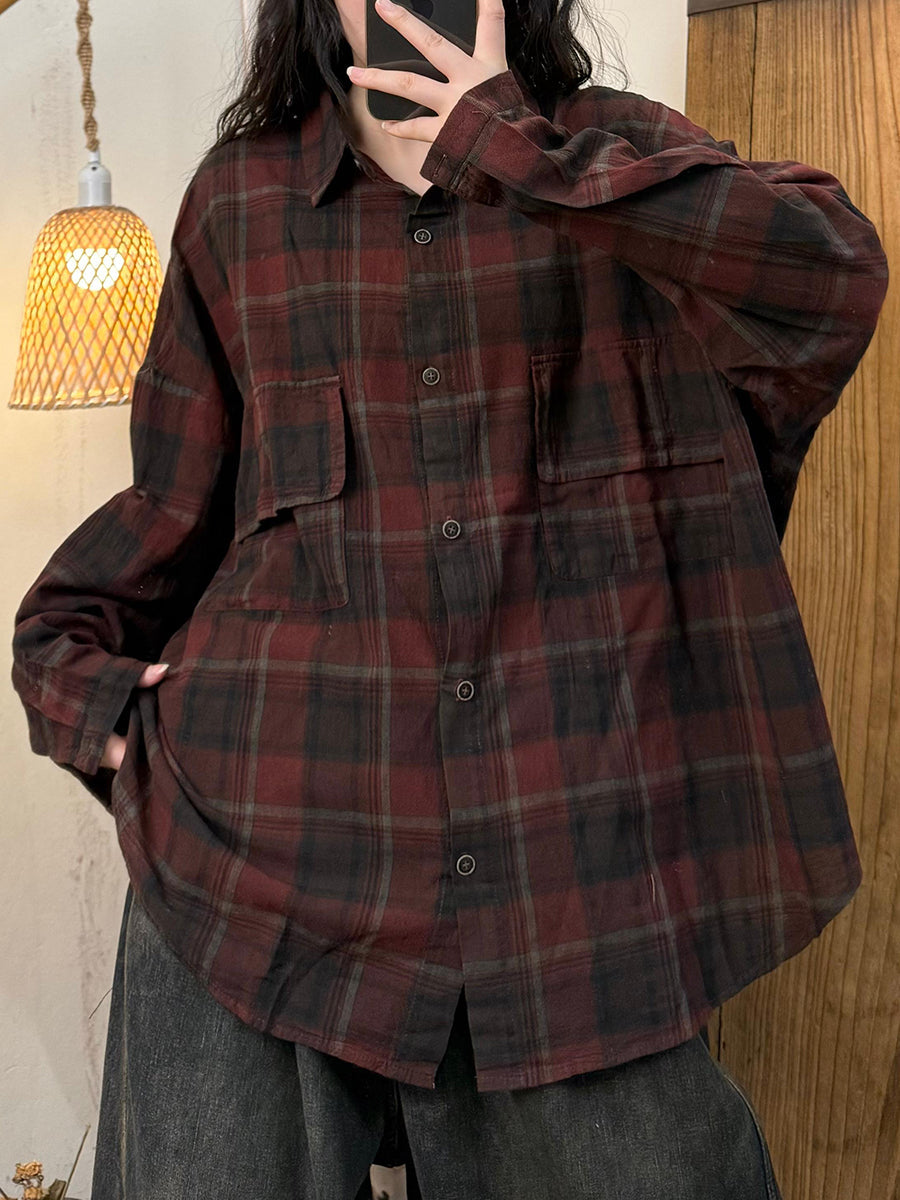 Women Autumn Plaid Cotton Turn-down Collar Shirt