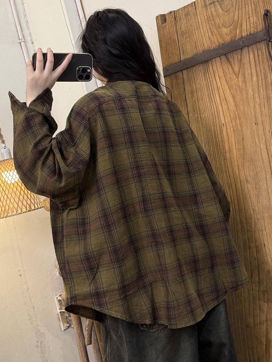 Women Autumn Plaid Cotton Turn-down Collar Shirt
