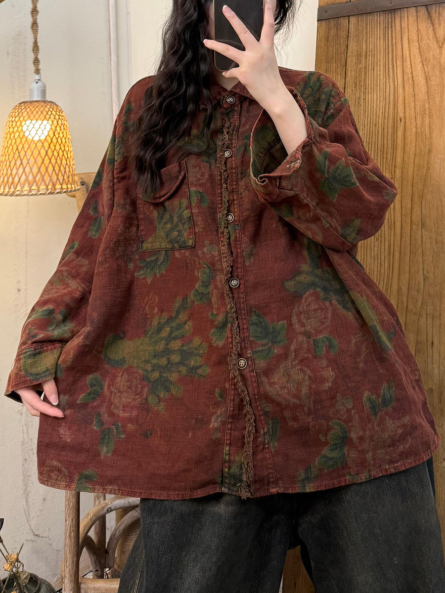 Women Autumn Retro Flower Linen Shirt