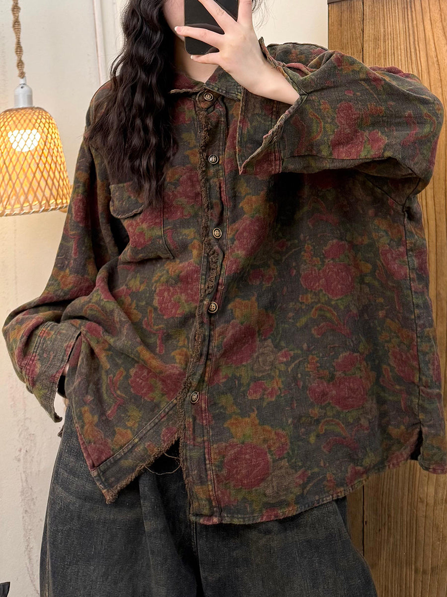 Women Autumn Retro Flower Linen Shirt