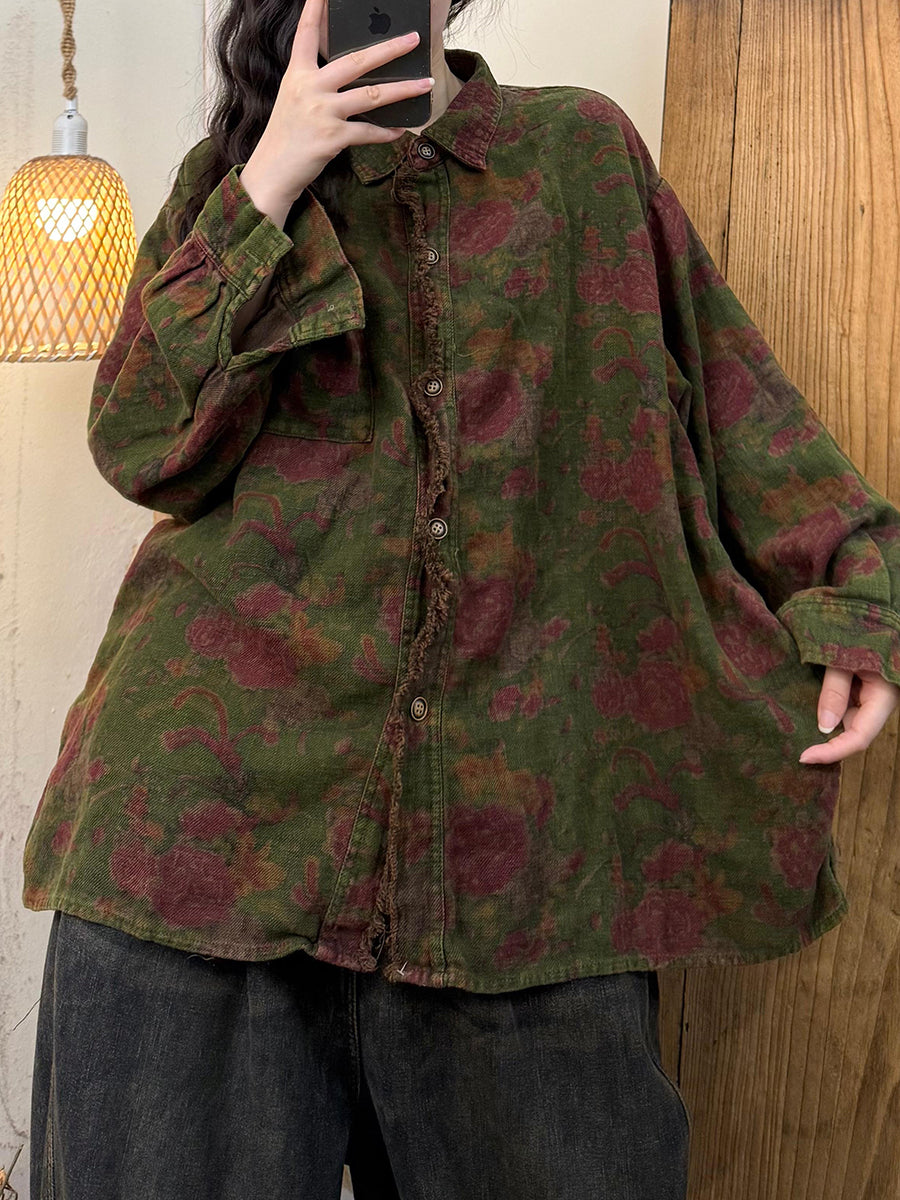 Women Autumn Retro Flower Linen Shirt