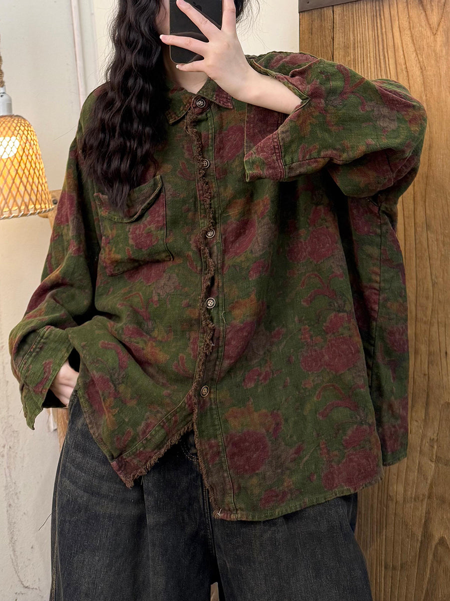 Women Autumn Retro Flower Linen Shirt