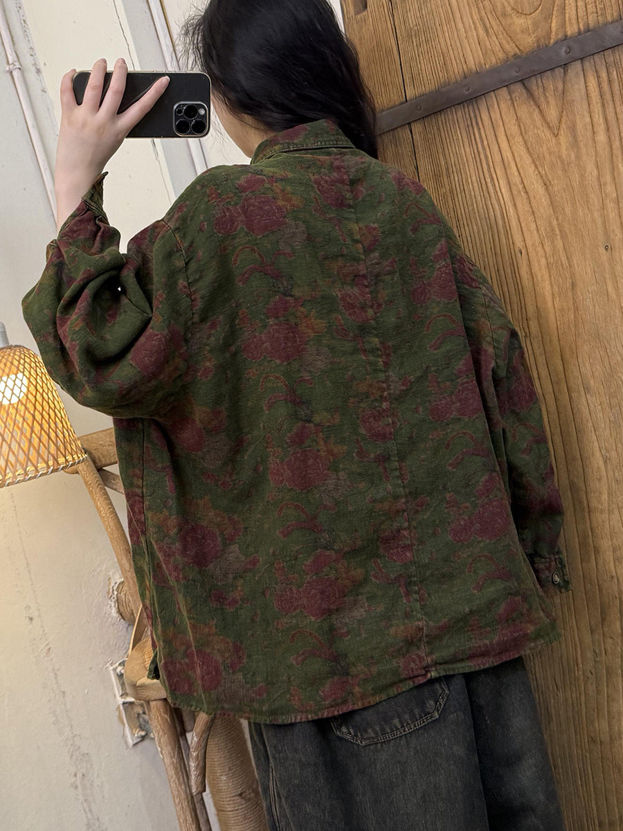 Women Autumn Retro Flower Linen Shirt