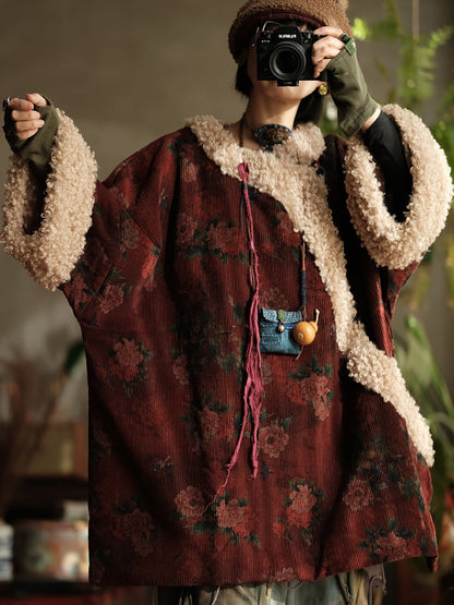 Plus Size Women Ethnic Flower Fleece Spliced Corduroy Padded Coat