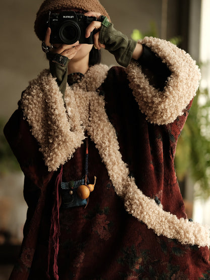 Plus Size Women Ethnic Flower Fleece Spliced Corduroy Padded Coat