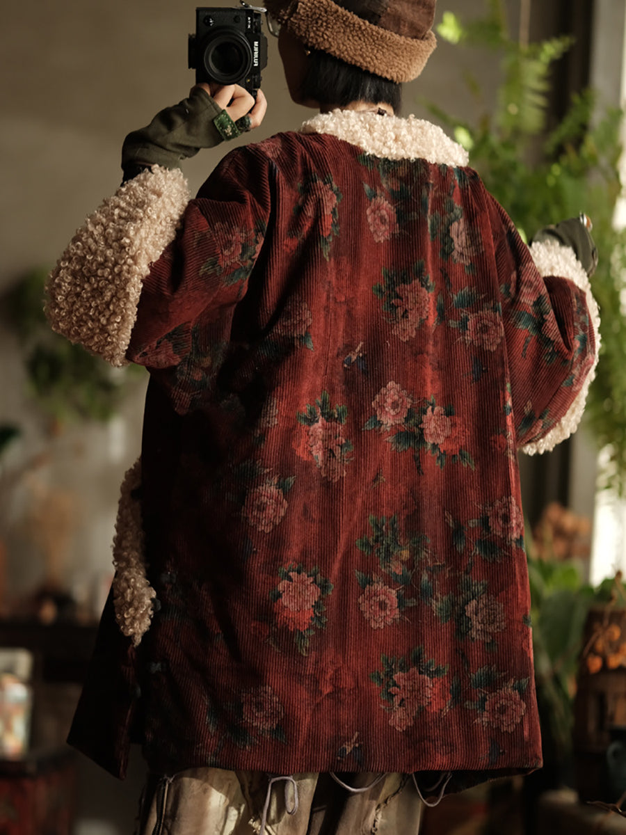 Plus Size Women Ethnic Flower Fleece Spliced Corduroy Padded Coat